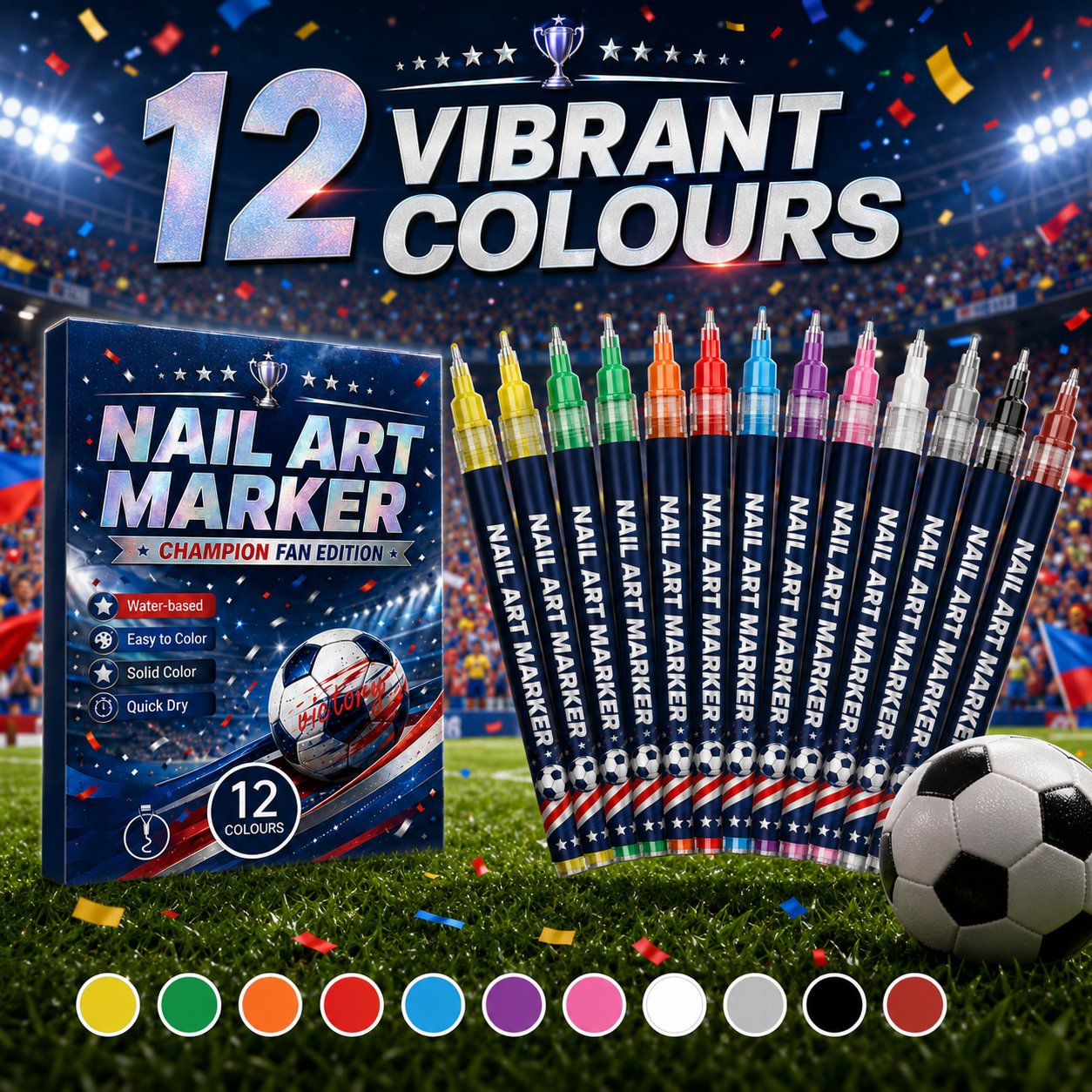 🔥 Cheer Loud • Shine Bright ⚽ 12-Color Football Nail Art Pens 🎨 Fast-Dry DIY Match Day Nails 🏆 Fan Party Essential